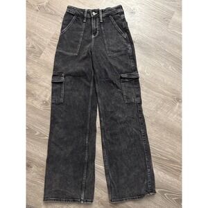 Hollister High Rise Vintage Baggy Cargo Jeans Washed Black Contrast Stitch 00R